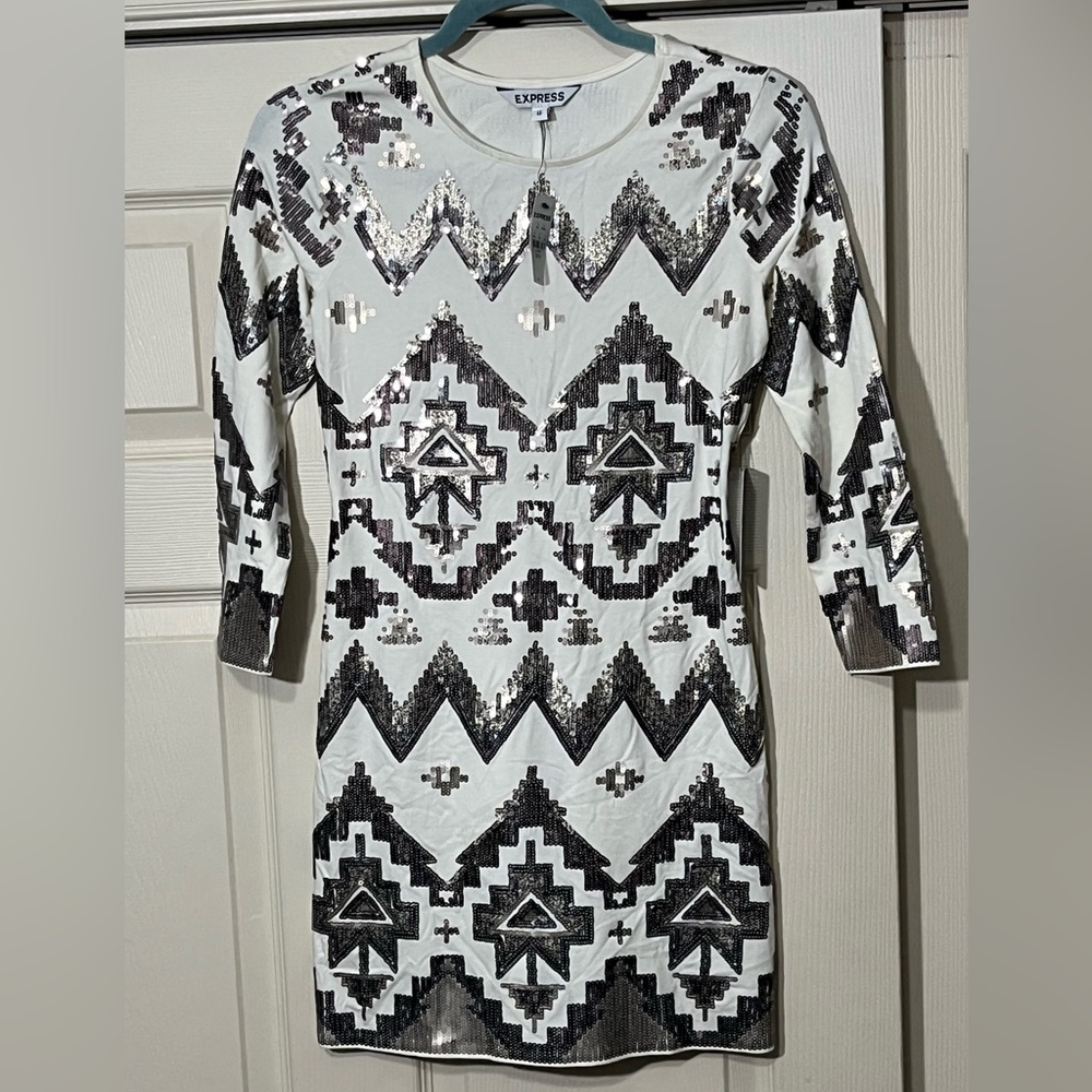 Express Long-Sleeved White/Gold/Silver Dress.  Size-XS.  New with Tags.
